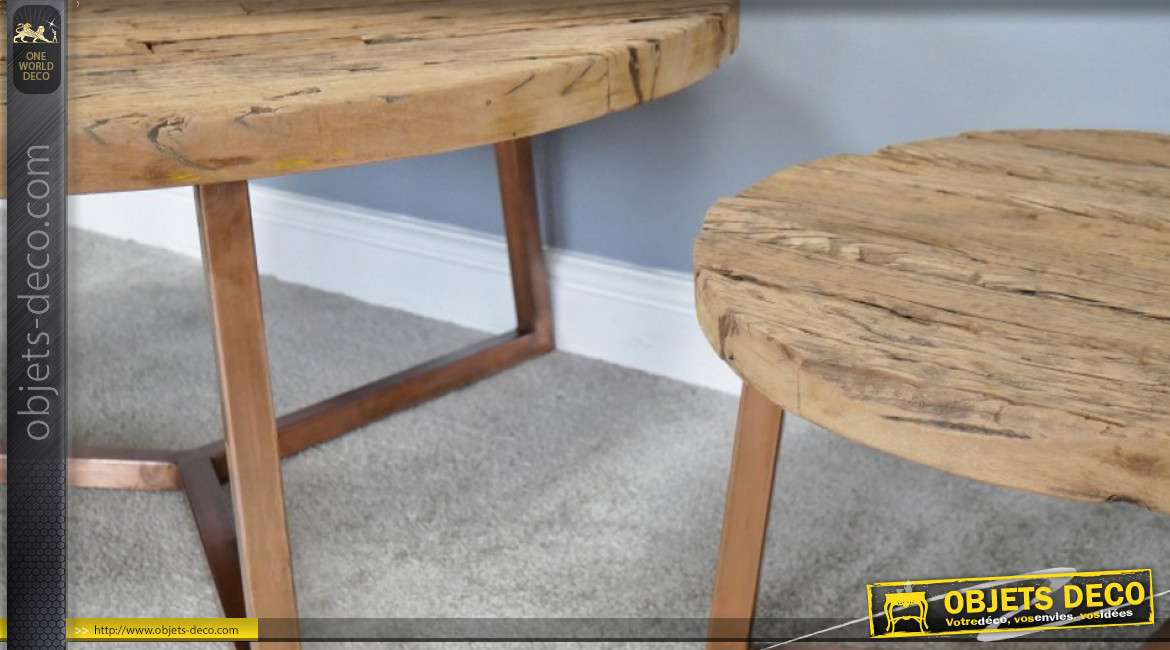 Série de deux tables basses en bois d'anciennes traverses de chemin de fer, style rustico'épuré, pieds effet cuivré, Ø100cm