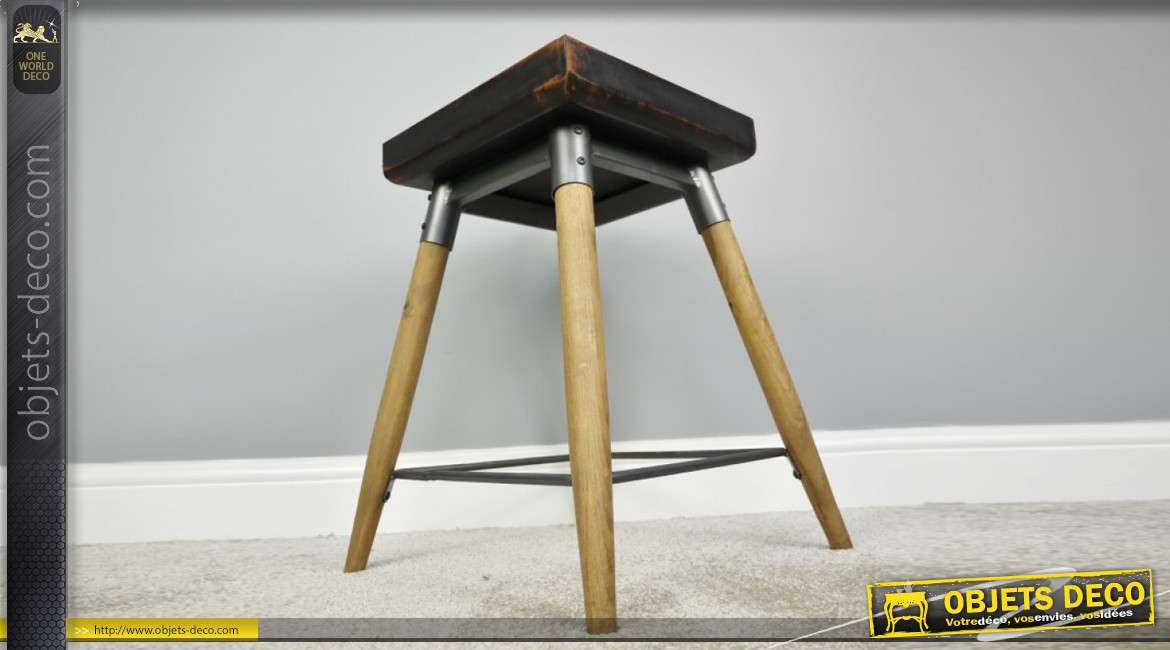 Tabouret de forme carrée en bois et métal, esprit industriel/atelier finition clair, assise effet géométrique, 48cm