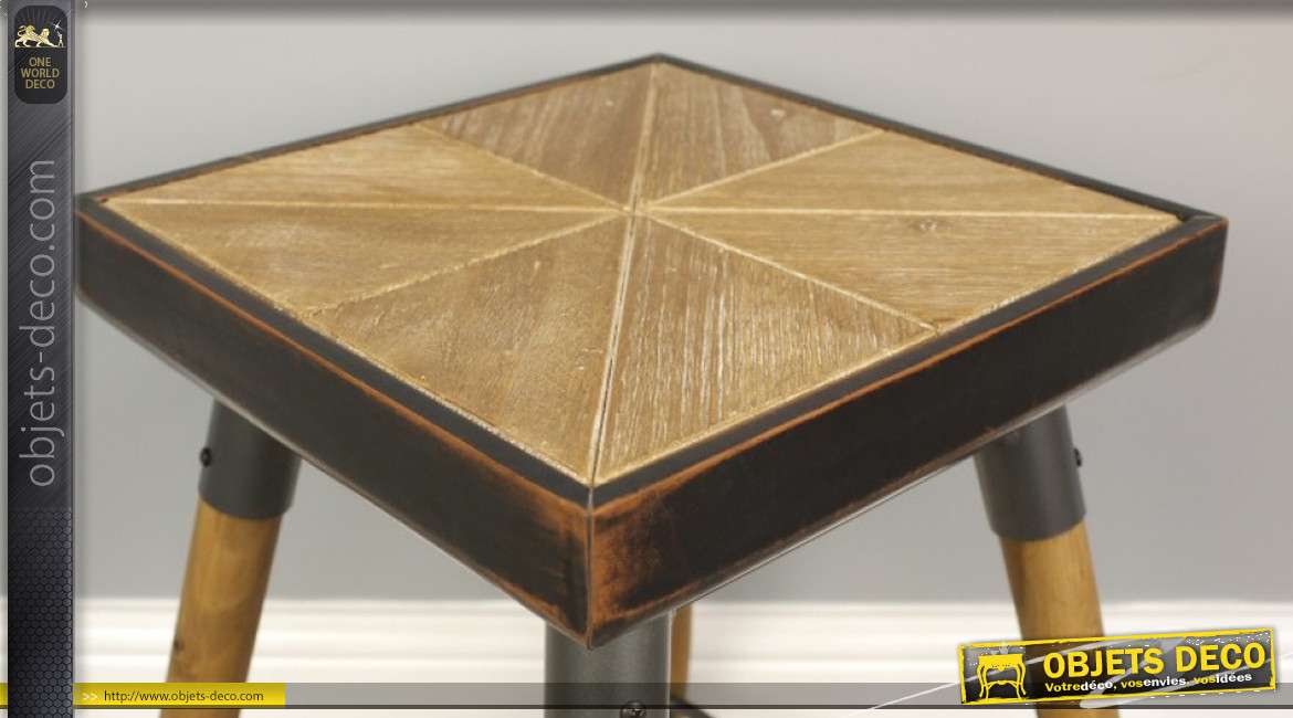 Tabouret de forme carrée en bois et métal, esprit industriel/atelier finition clair, assise effet géométrique, 48cm