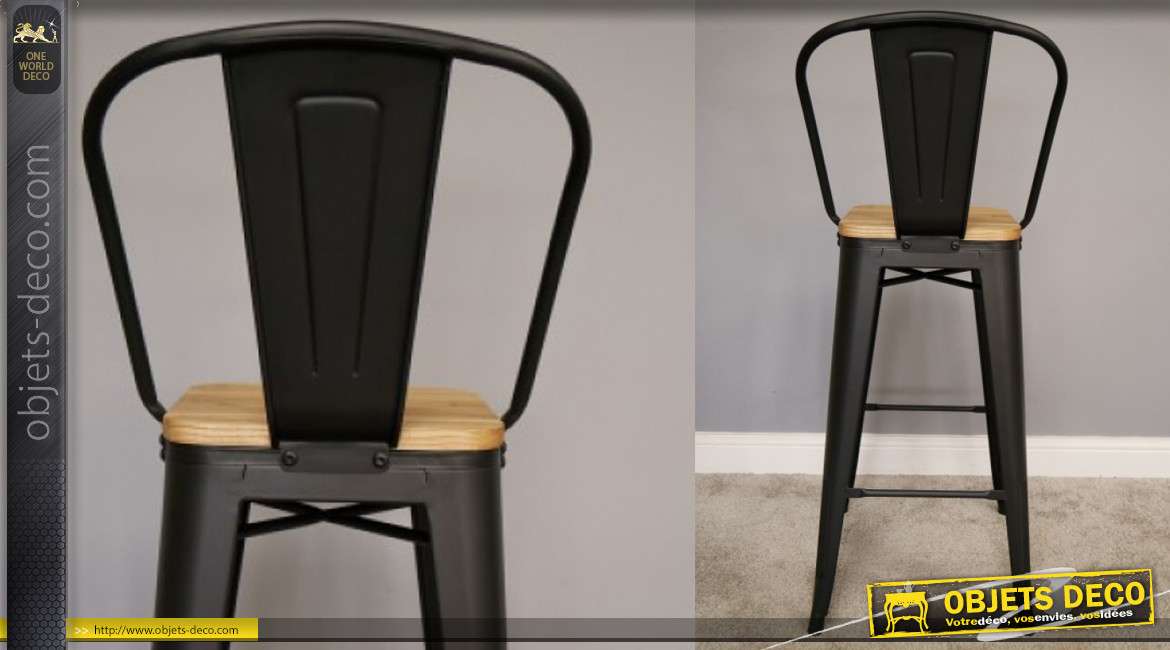 Chaise de bar en métal finition noir mate, assise en bois orme massif finition naturel, esprit années 60, 107cm