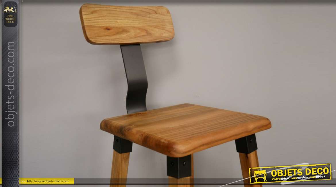 Chaise de bar en bois d'orme massif et touches de métal, finition naturel et noir acier, esprit rustico moderne, 104cm