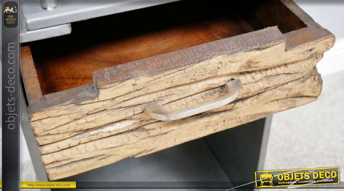 Table de chevet en métal et tiroir en bois, style industriel avec rivets apparents, finition effet brossé, 68cm