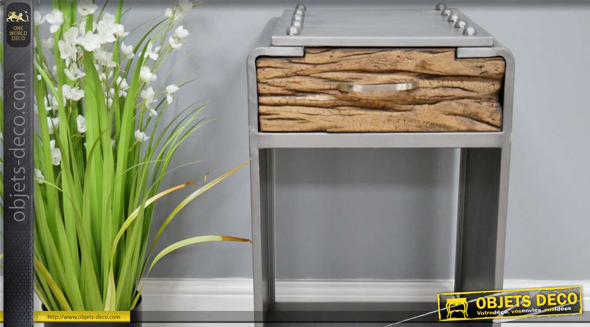 Table de chevet en métal et tiroir en bois, style industriel avec rivets apparents, finition effet brossé, 68cm
