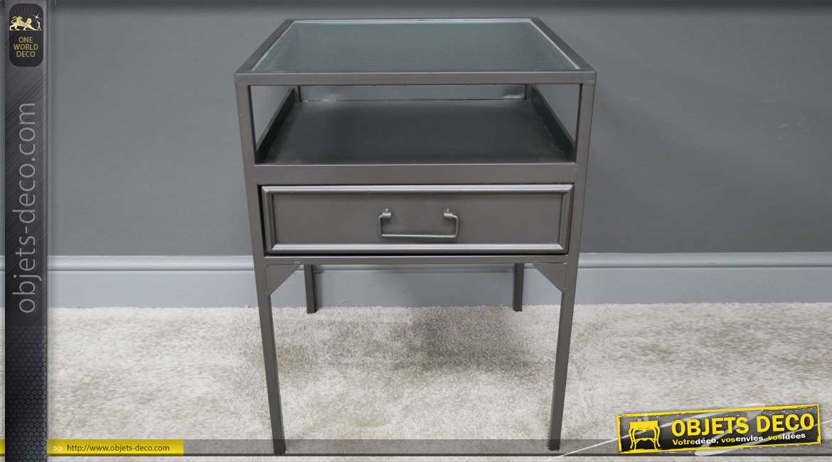 Table de chevet en métal finition anthracite gris, plateau en verre effet ondulé, tiroir central, esprit linéaire, 60cm