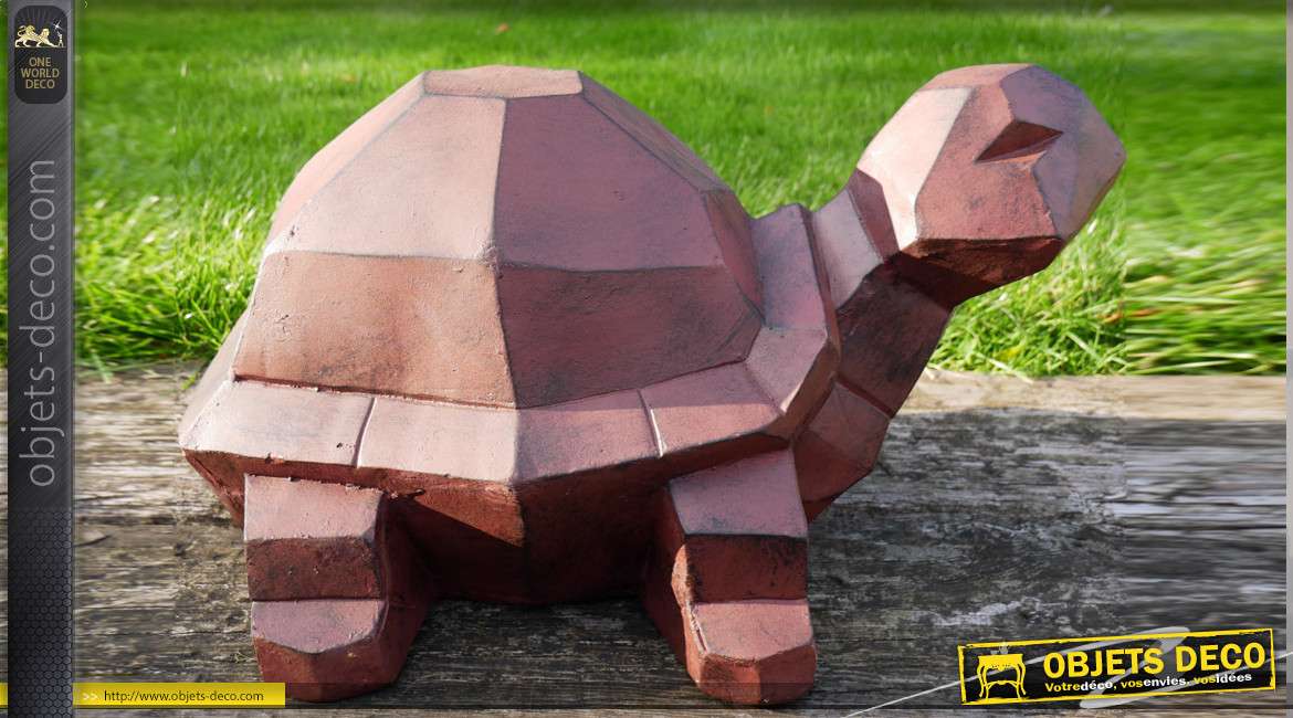 Belle tortue de jardin finition brun foncé, version origami géométrique, patine effet vieilli, 53cm