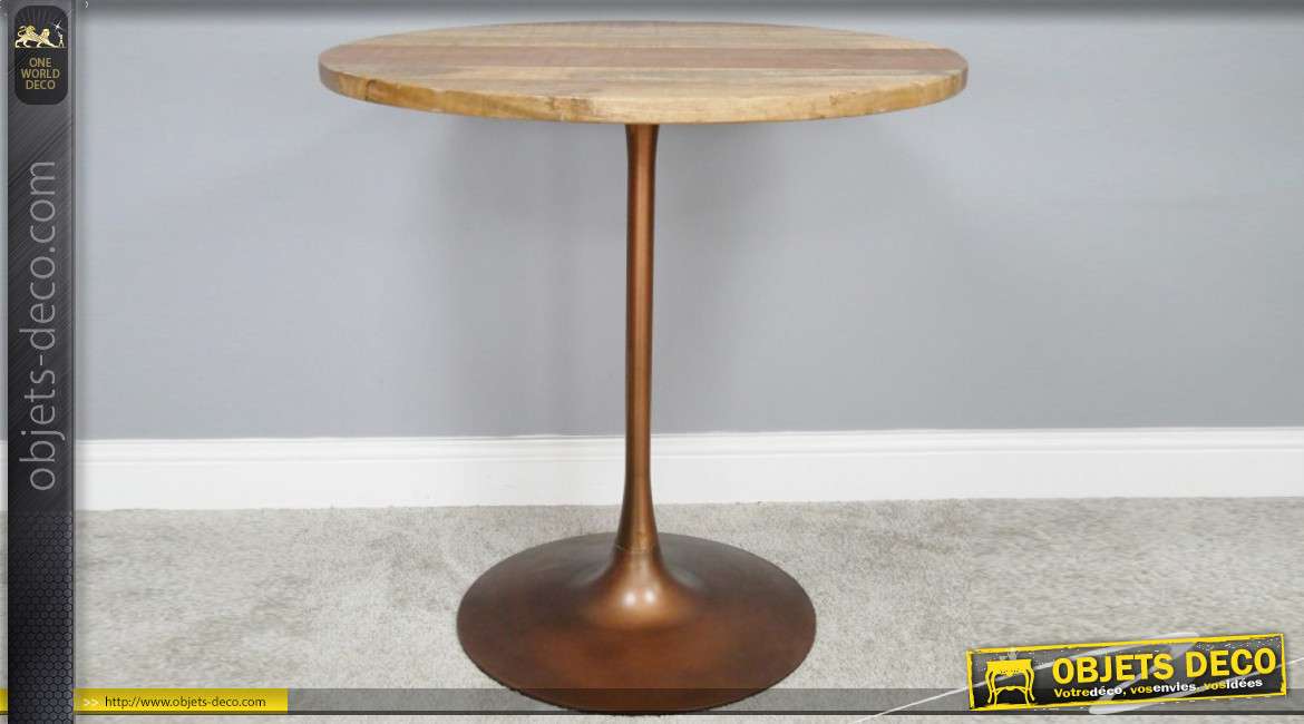 Table ronde en bois de manguier massif et pied en métal finition cuivré brillant, de style rétro, Ø75cm