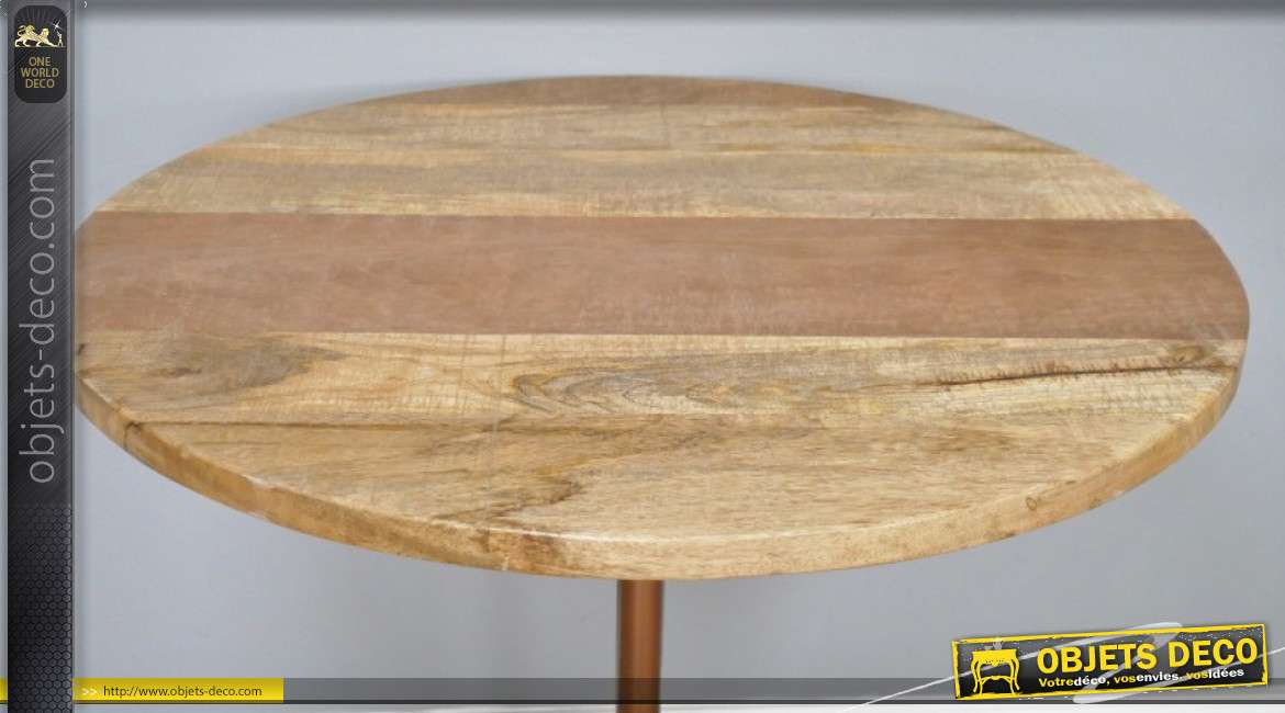 Table ronde en bois de manguier massif et pied en métal finition cuivré brillant, de style rétro, Ø75cm