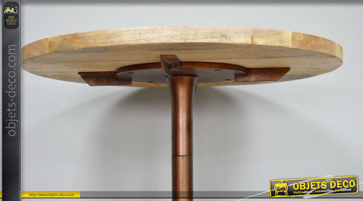 Table de bar haute de style moderne, plateau en bois de manguier massif et base en métal finition cuivre, 110cm de haut