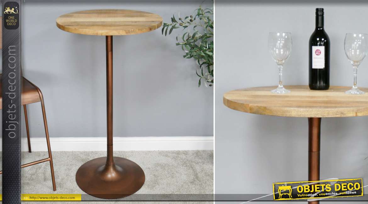 Table de bar haute de style moderne, plateau en bois de manguier massif et base en métal finition cuivre, 110cm de haut