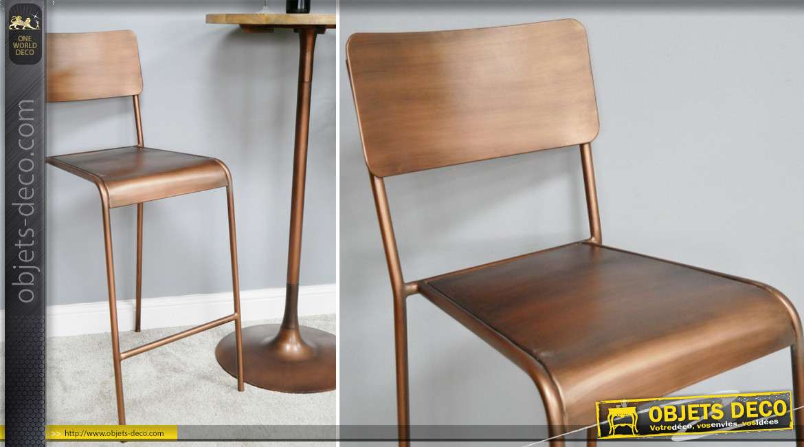 Chaise haute de bar en métal finition effet cuivre brossé, avec dossier esprit vintage rétro, 106cm de haut