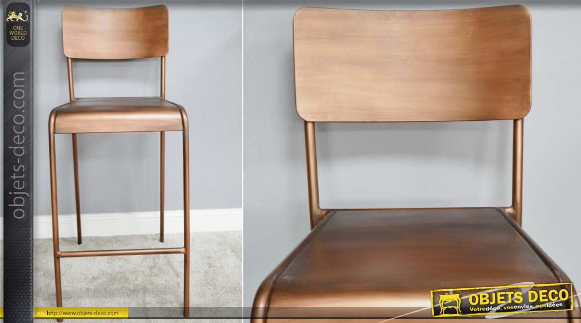 Chaise haute de bar en métal finition effet cuivre brossé, avec dossier esprit vintage rétro, 106cm de haut