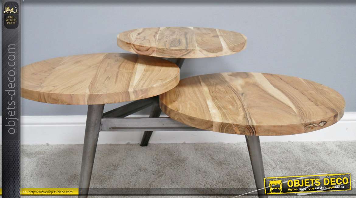 Table basse destructurée en bois d'acacia massif et en métal finition anthracite, de style contemporain, 90cm