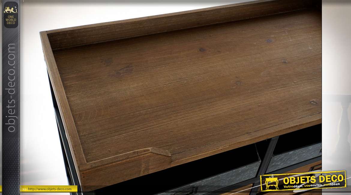 Console à tiroirs en bois finition naturel et métal esprit vieux zinc, de style industriel, 91cm de hauteur