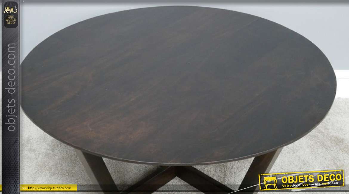 Grande table basse en bois de manguier massif, teintée finition noyer foncé, pieds croisés, Ø91cm