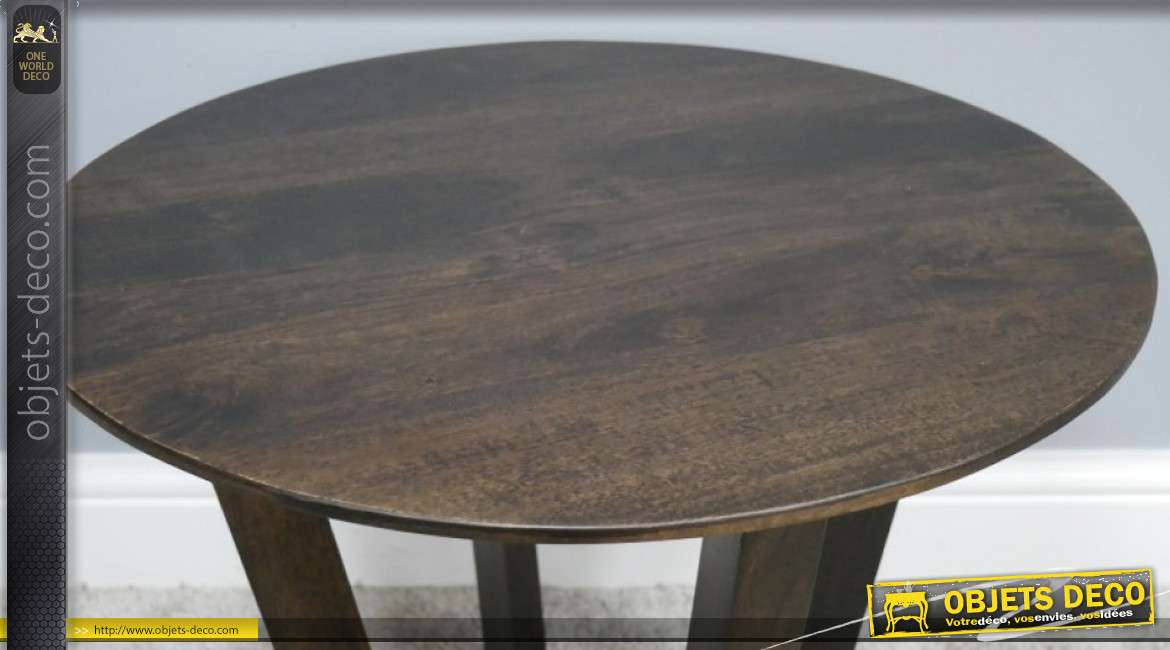 Table d'appoint en bois de manguier massif, finition noyer foncé et veinage apparent, Ø55cm