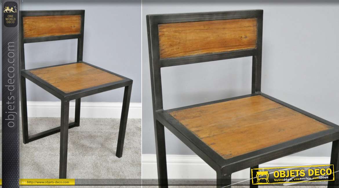 Ensemble d'une table et de deux chaises en bois de manguier vieilli et métal noir, solution gain de place, de style indus, 77cm