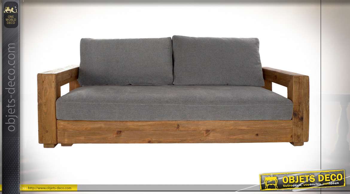 Canapé gris deux places en bois de pin finition naturelle style chalet rustique