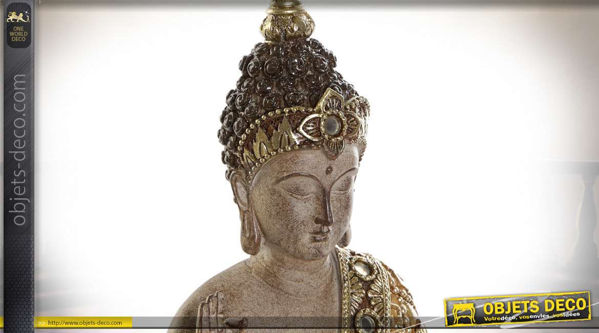 Statuette de Bouddha en résine finition dorée avec petits miroirs ronds, ambiance zen et relax, 20cm