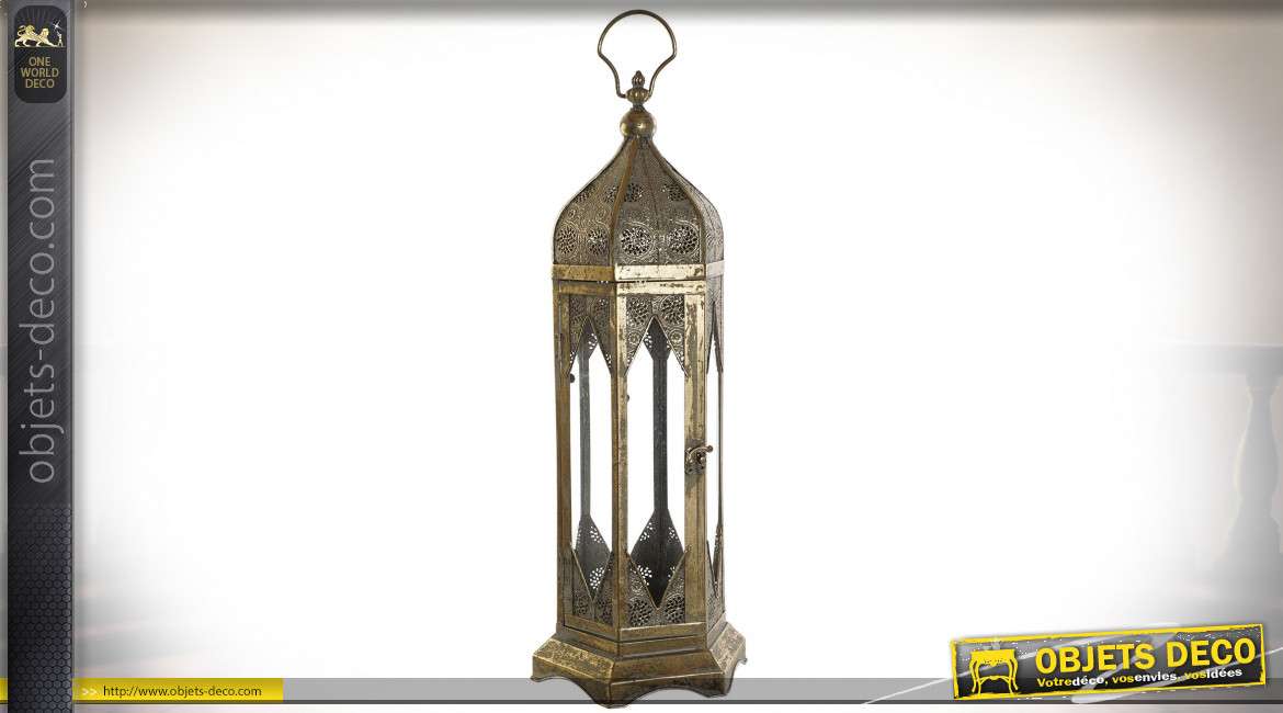 Grande lanterne esprit moucharabieh finition laiton vieilli style oriental, 65,5cm