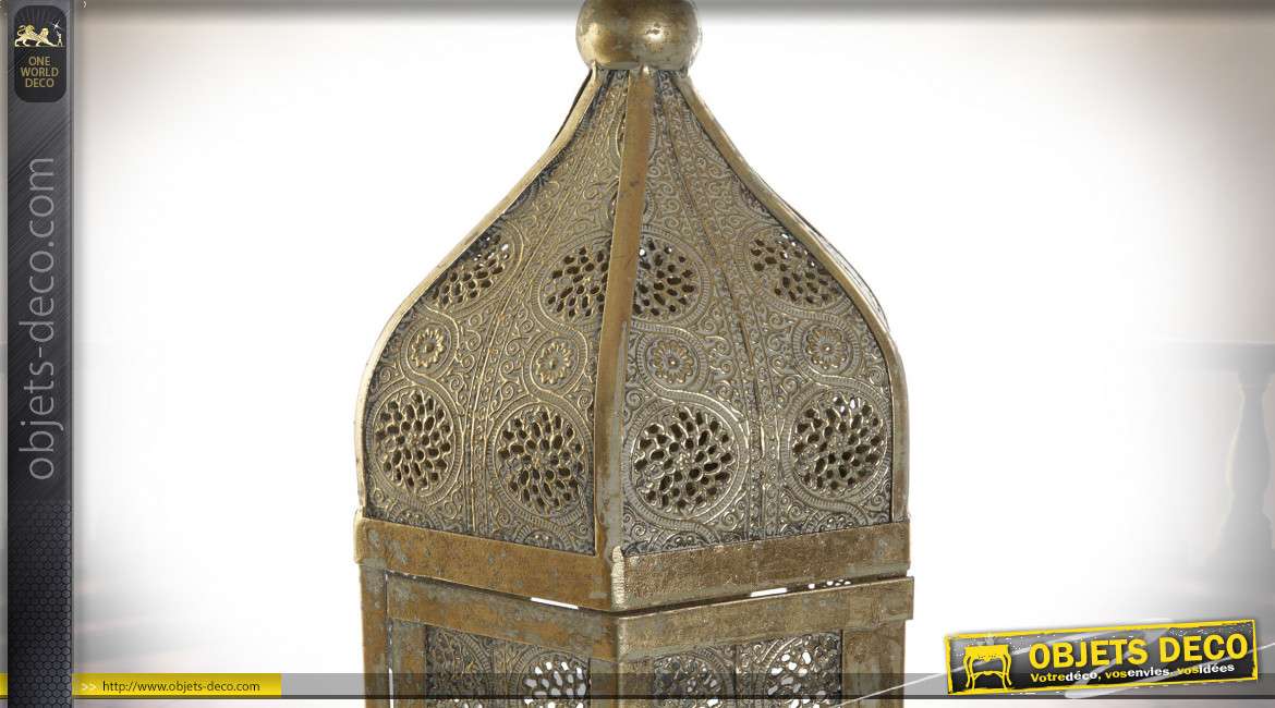 Grande lanterne esprit moucharabieh finition laiton vieilli style oriental, 65,5cm