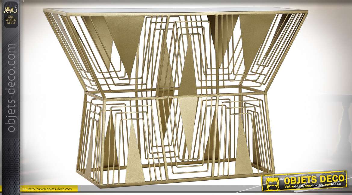 Console style art déco en métal finition dorée, plateau en miroir, 80cm