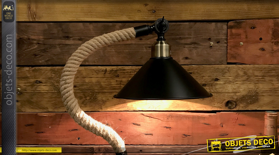 Lampe de bureau en métal noir et corde de chanvre tressée 50 cm