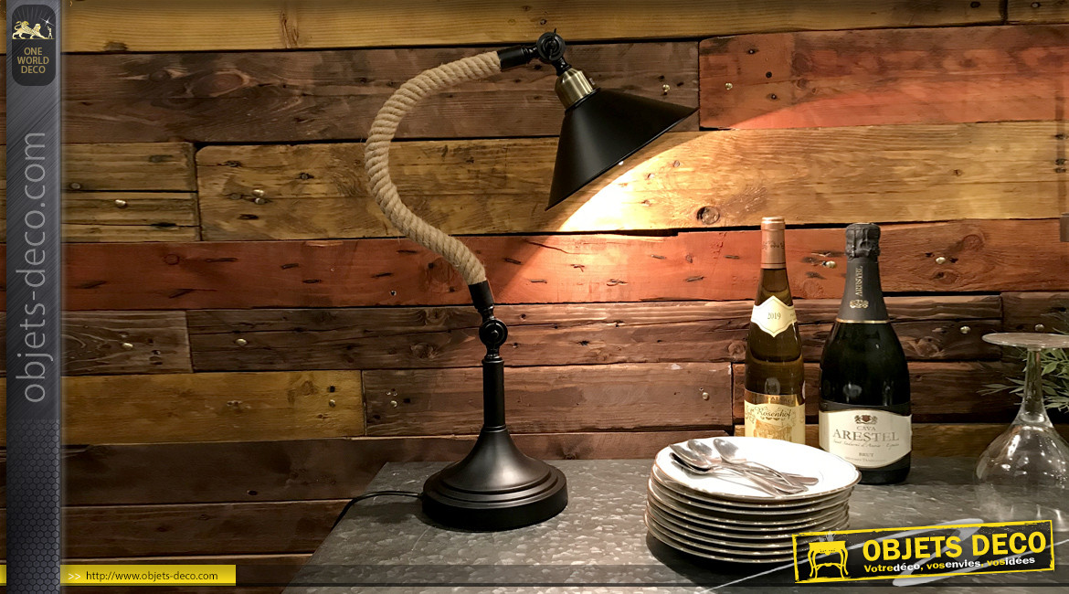 Lampe de bureau en métal noir et corde de chanvre tressée 50 cm