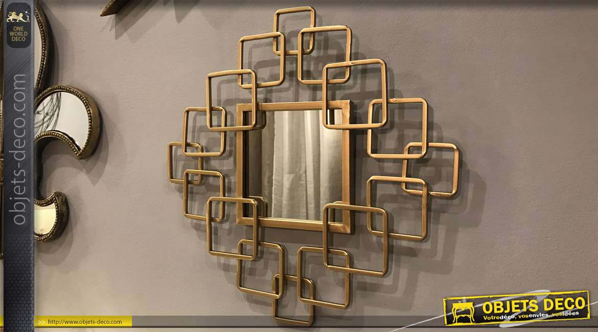 Miroir de style contemporain en métal finition dorée brillante, formes géométriques entrelacées, 40cm