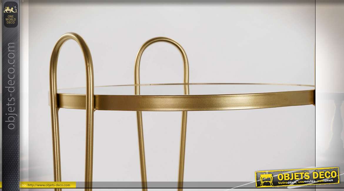 Table auxiliaire ronde en miroir et métal finition dorée sur roulettes esprit rétro,74cm
