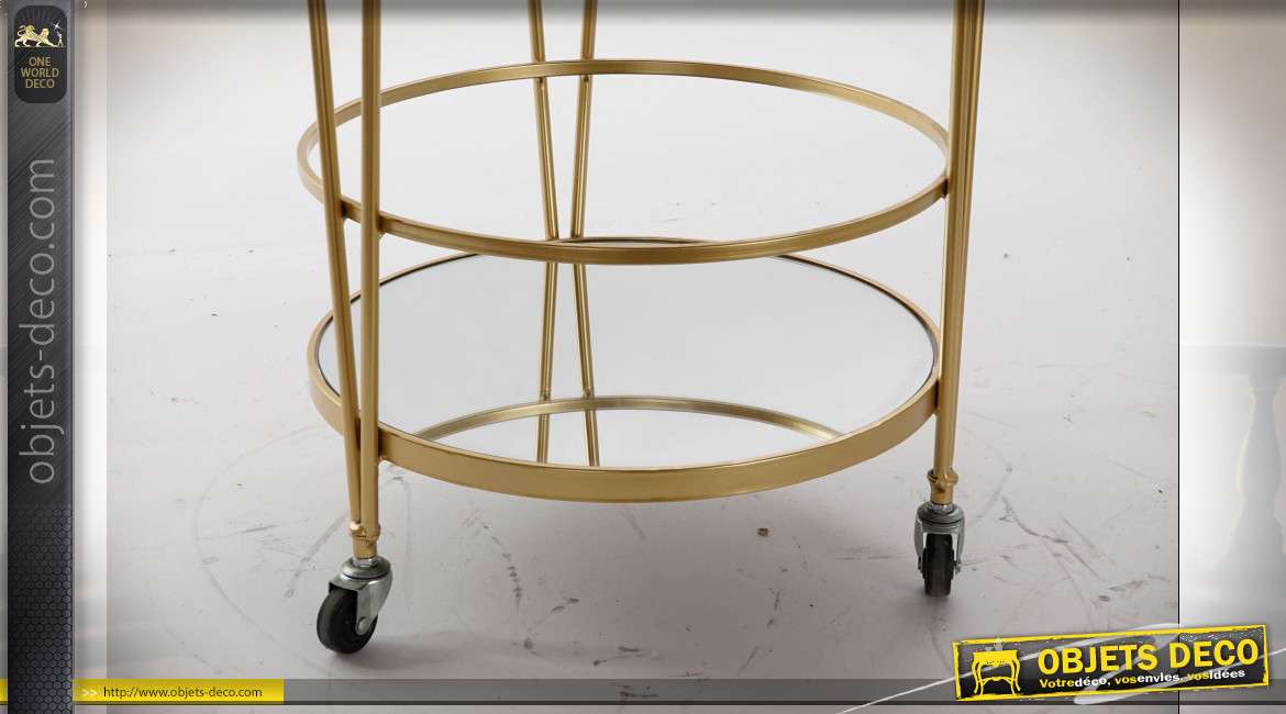 Table auxiliaire ronde en miroir et métal finition dorée sur roulettes esprit rétro,74cm