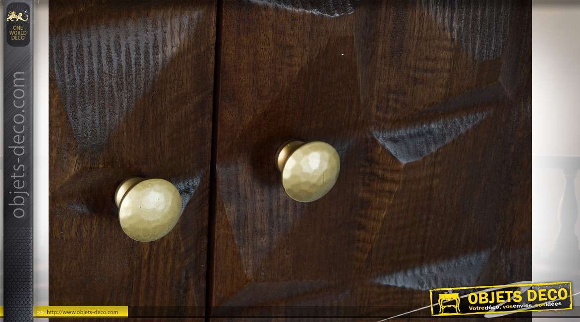 Console en bois de manguier finition naturel et doré, portes en relief style vintage, 75cm