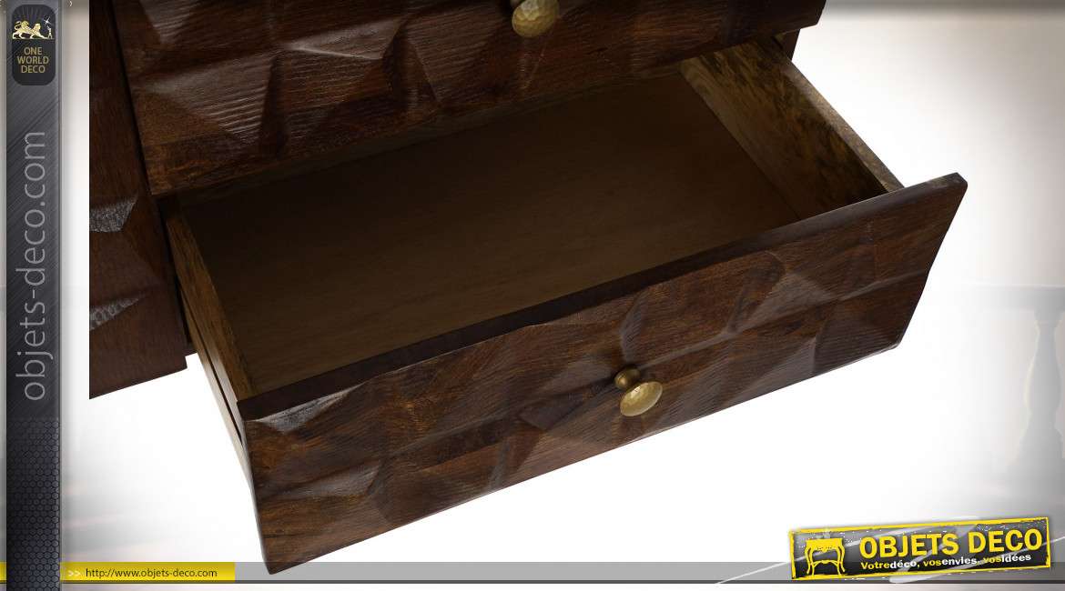 Console en bois de manguier finition naturel et doré, portes en relief style vintage, 75cm