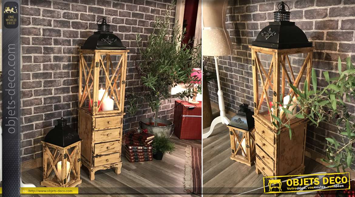 Série de deux lanternes en bois et métal, style chalet alpin finition naturel et effet brulé, tiroirs de rangements, 120cm
