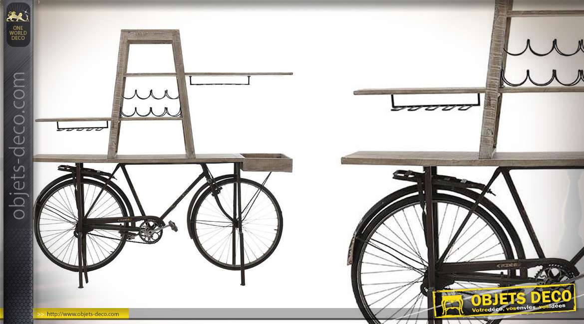 Grande console bar en bois de bouleau blanchi et métal avec châssis de vélo style rétro, esprit vintage, 190cm