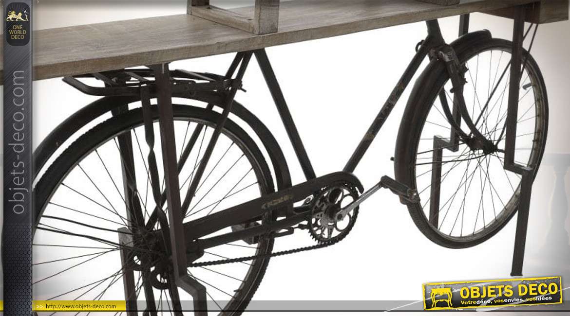 Grande console bar en bois de bouleau blanchi et métal avec châssis de vélo style rétro, esprit vintage, 190cm