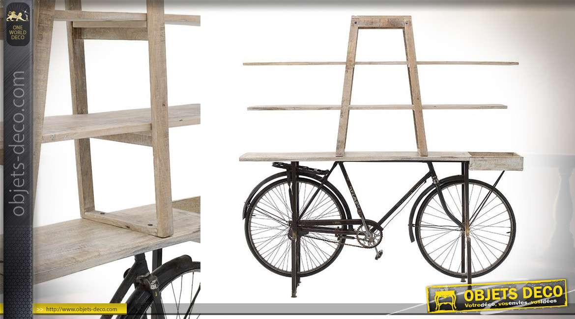 Bibliothèque en bois de bouleau blanchi et base en châssis de vélo métallique style rétro, esprit vintage, 190cm