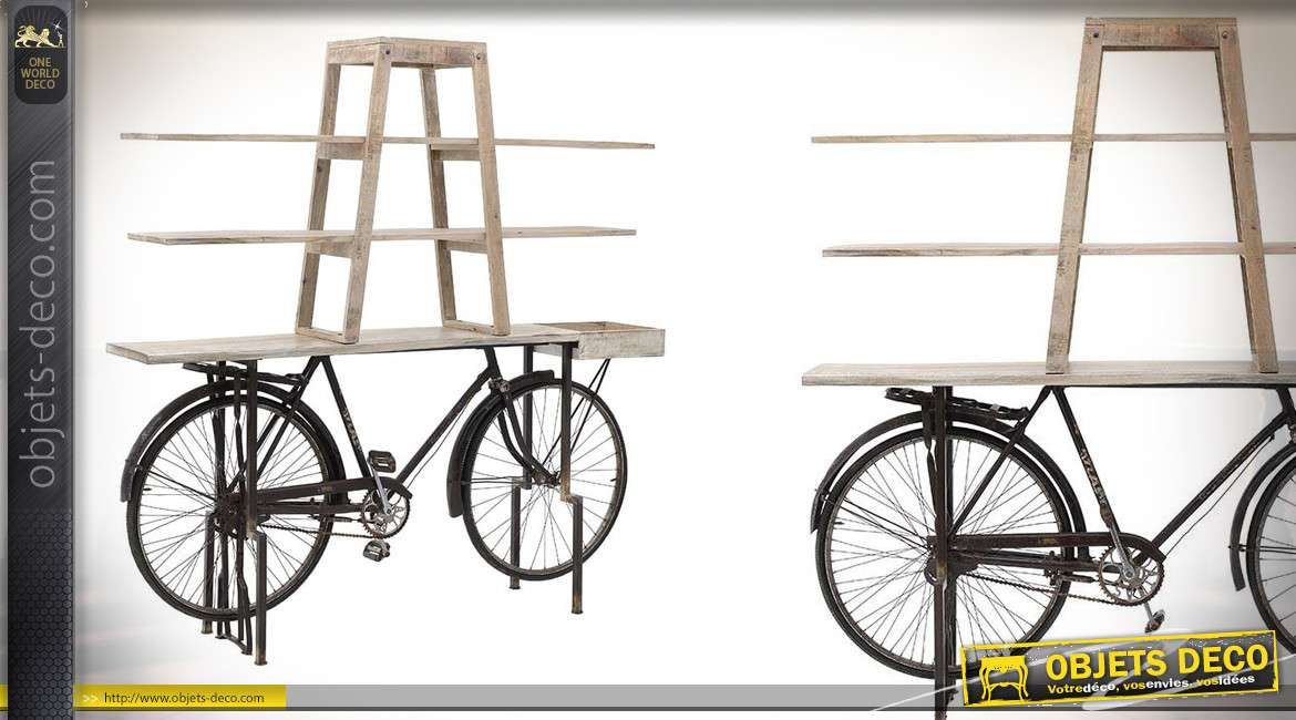 Bibliothèque en bois de bouleau blanchi et base en châssis de vélo métallique style rétro, esprit vintage, 190cm