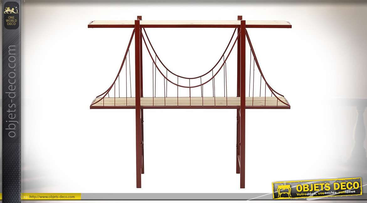 Console  en bois de bouleau finition naturel blanchi, deux niveaux de rangement, forme de pont suspendu, 125cm