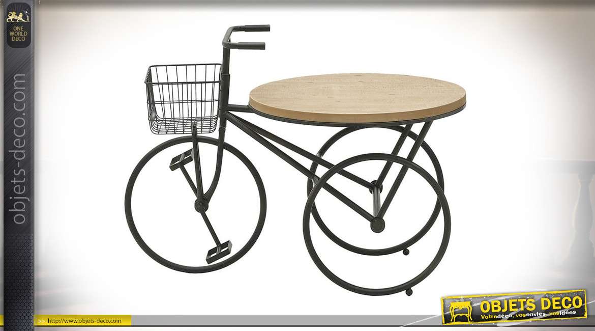Table basse en forme de vélo à trois roues, en bois de sapin et métal finition noir, original et rétro, 94cm