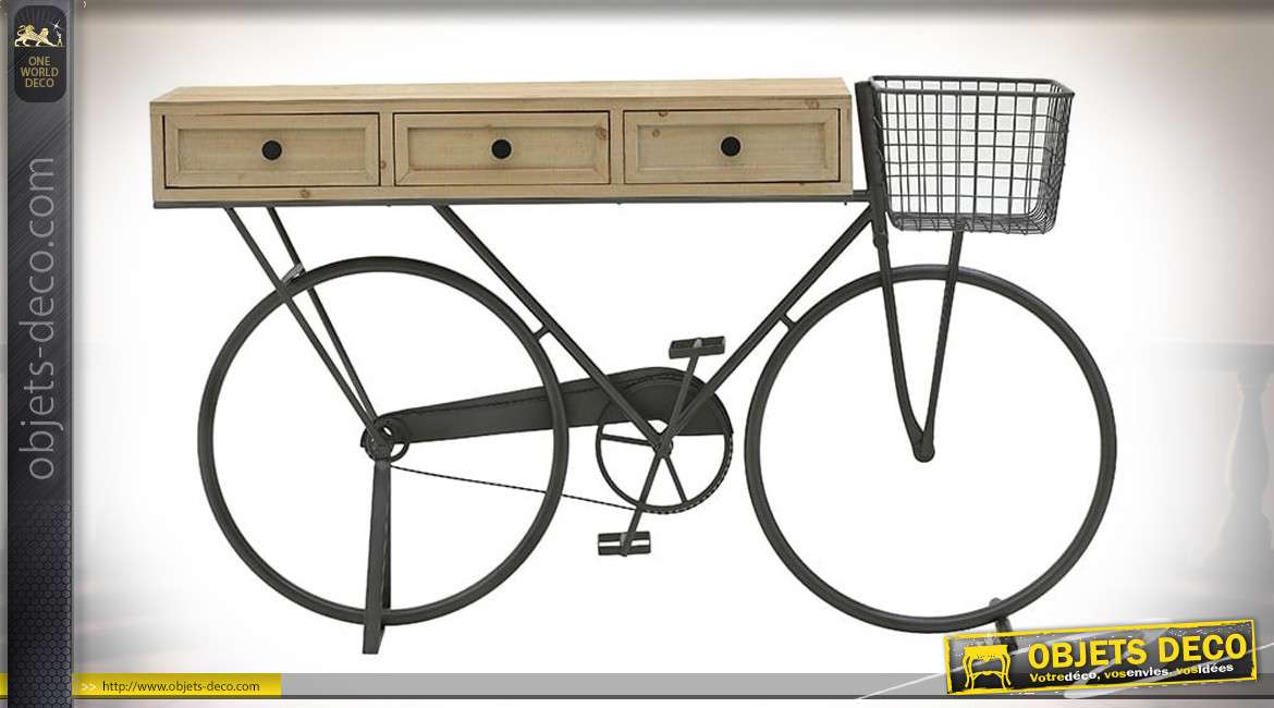 Console en bois de sapin montée sur châssis de vélo finition noir, de style rétro, 3 tiroirs, 145cm