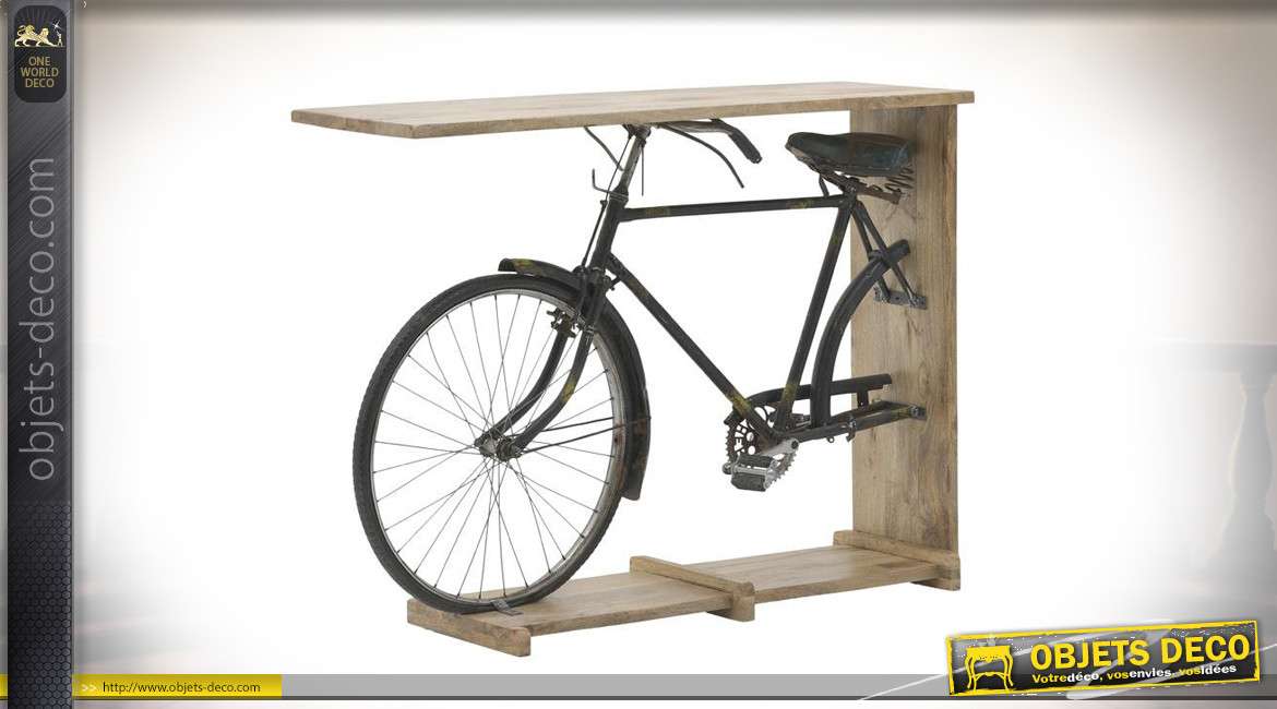 Console en bois de bouleau naturel avec demi vélo en métal finition oxydé esprit vintage; 140cm