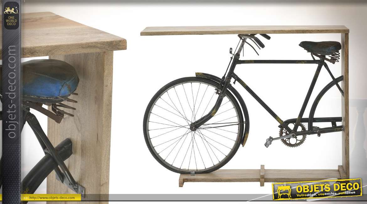 Console en bois de bouleau naturel avec demi vélo en métal finition oxydé esprit vintage; 140cm