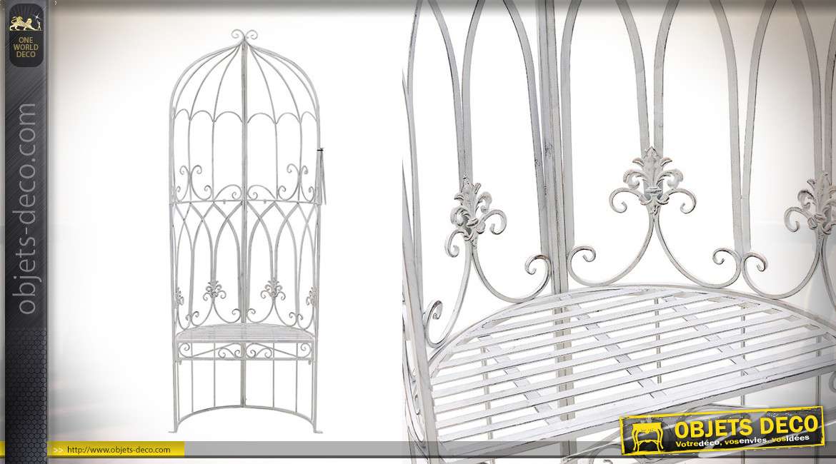Fateuil de jardin en métal esprit vieux fer forgé, finition blanc, style grande cage à oiseau, 190cm de haut