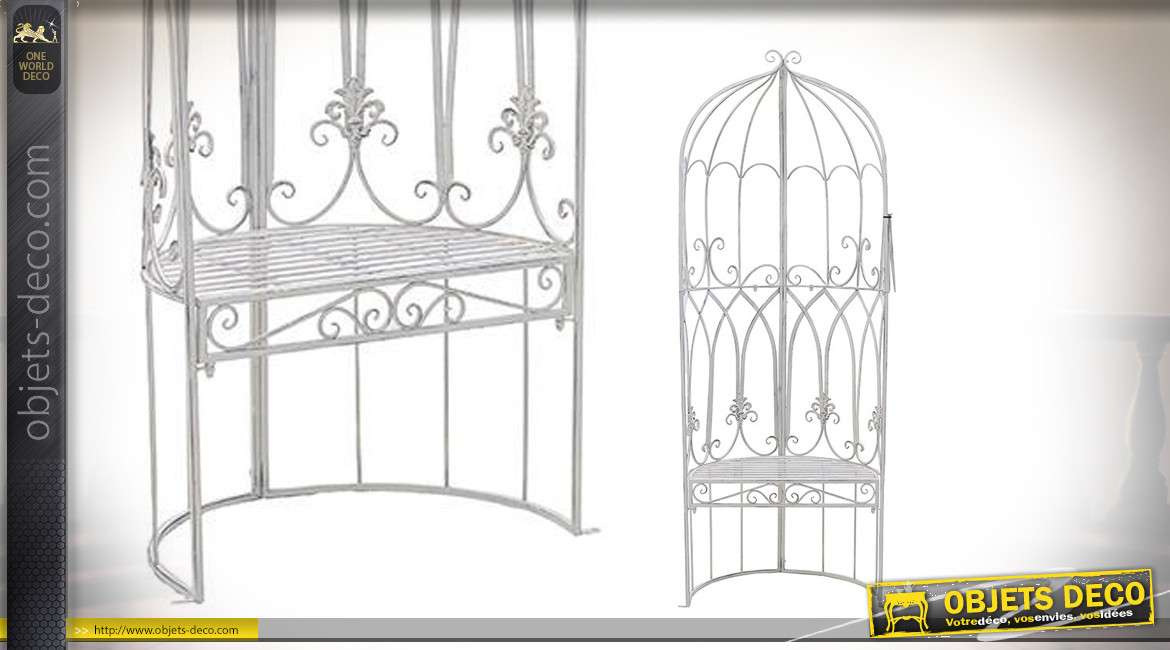 Fateuil de jardin en métal esprit vieux fer forgé, finition blanc, style grande cage à oiseau, 190cm de haut