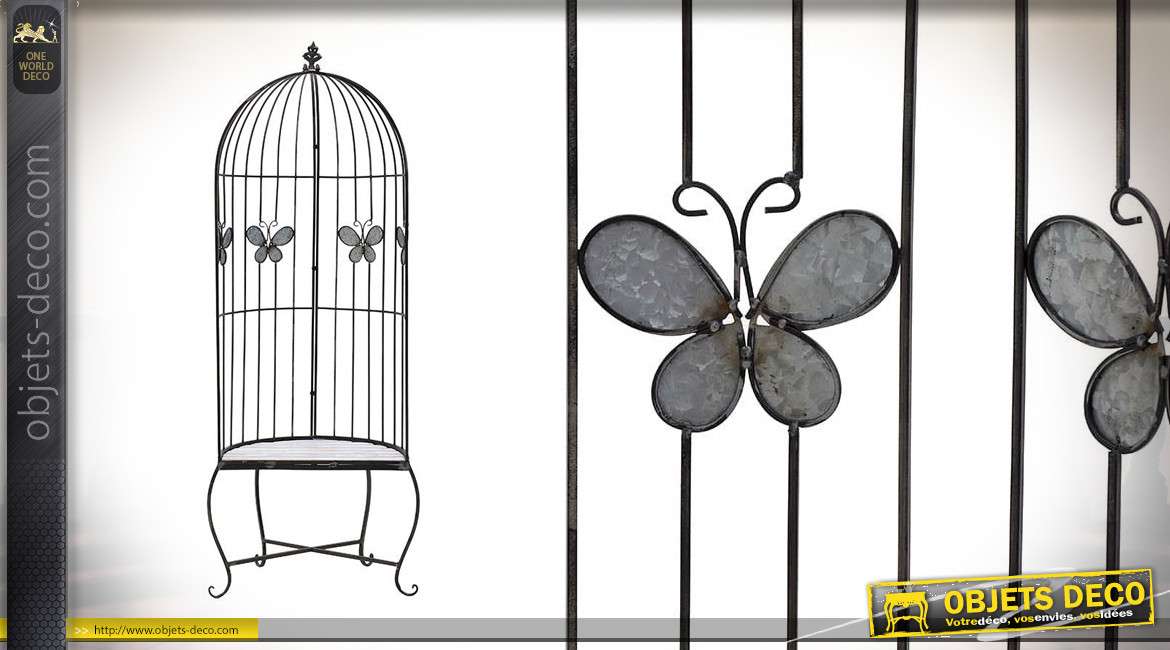 Fauteuil de jardin en métal finition noir, motifs papillons, esprit grande cage à oiseaux, 185cm de haut