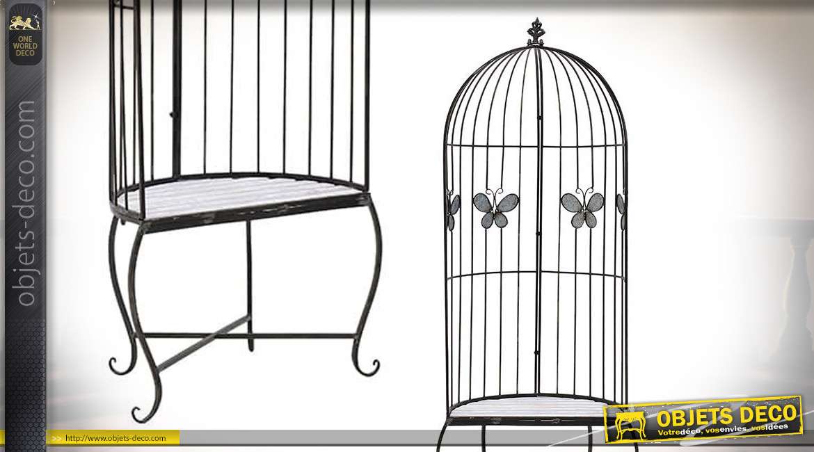 Fauteuil de jardin en métal finition noir, motifs papillons, esprit grande cage à oiseaux, 185cm de haut