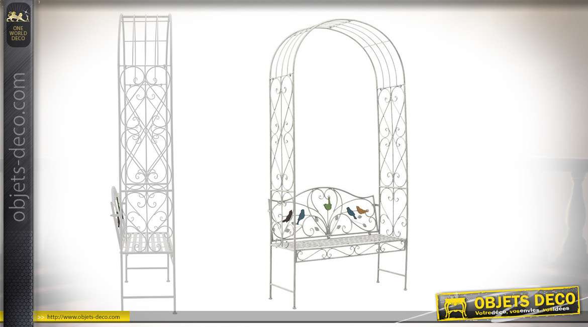 Banc de jardin sous arche en métal, esprit fer forgé finition blanc ancien, motifs d'oiseaux colorés, 228cm de haut