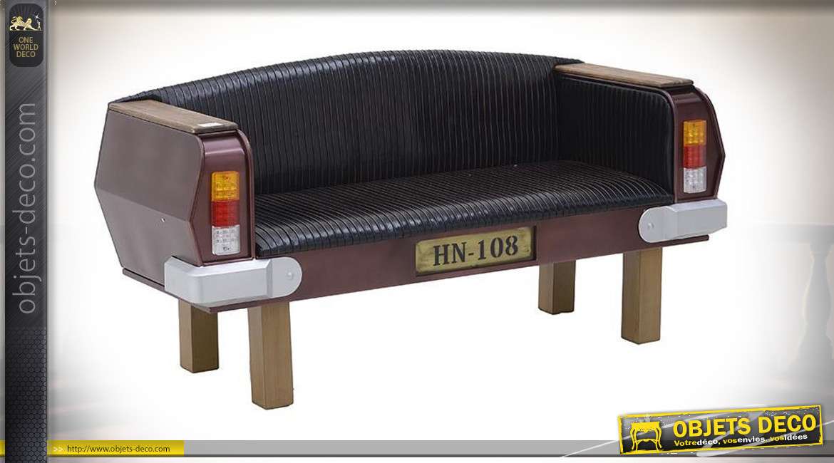 Canapé d'appoint pour 2 personnes, en bois esprit ancien coffre de voiture, assise synthétique et clignotants en pvc, 162cm