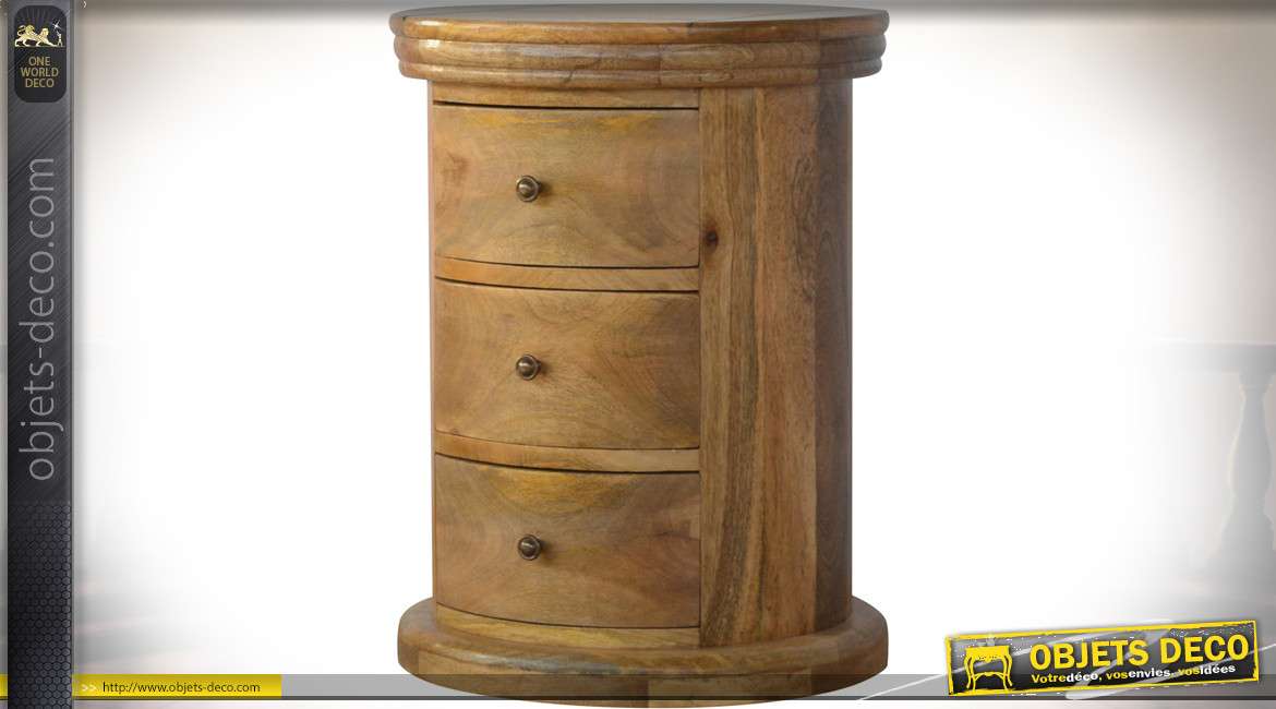 Table de chevet cylindrique à 3 tiroirs en bois massif vieilli 58 cm