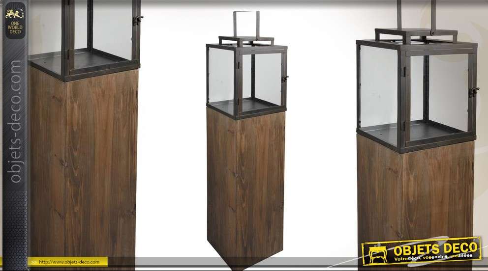 Lanterne colonne design en métal bois et verre (114 cm)